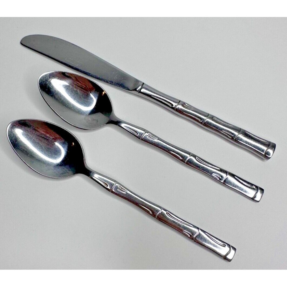 Stanley Roberts Rogers Citadel Bamboo Handle Glossy Dinner Knife 2 Spoons Set 3